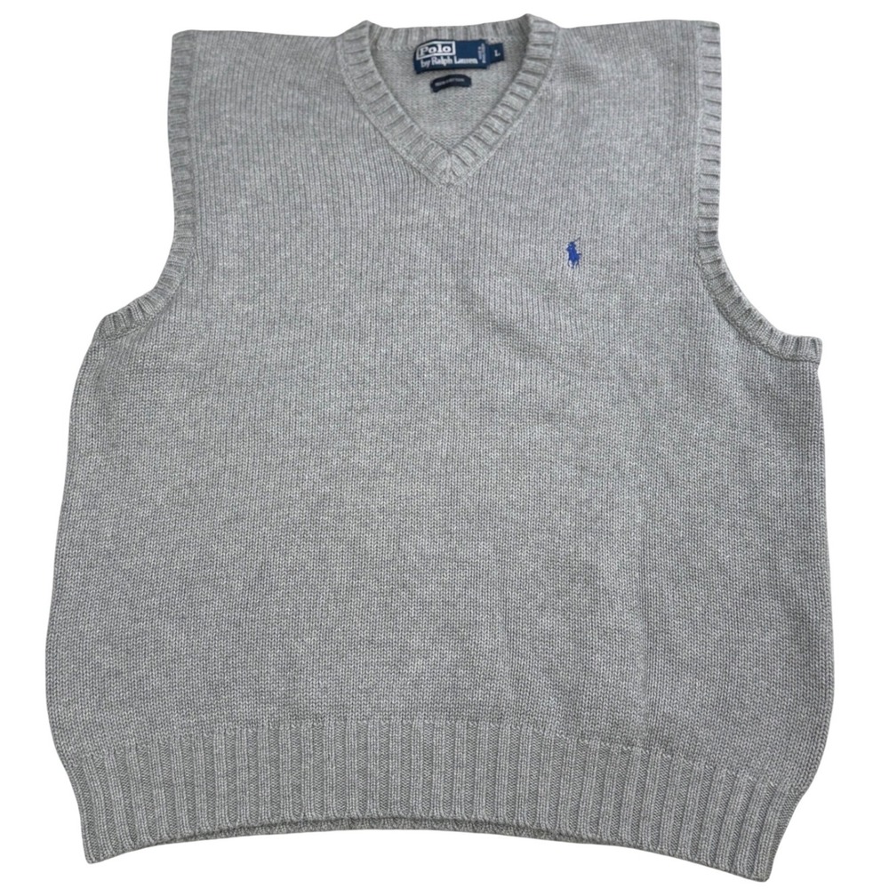 Polo‎ Ralph Lauren Sweater Vest Large Gray V Neck Cotton Blue Pony